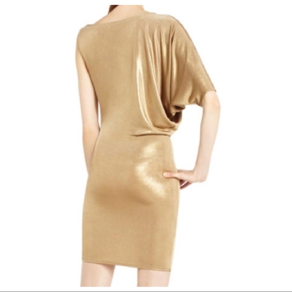 BCBGMAXAZRIA METALLIC GOLD ONE SHOULDER MINI DRESS - Picture 5 of 7